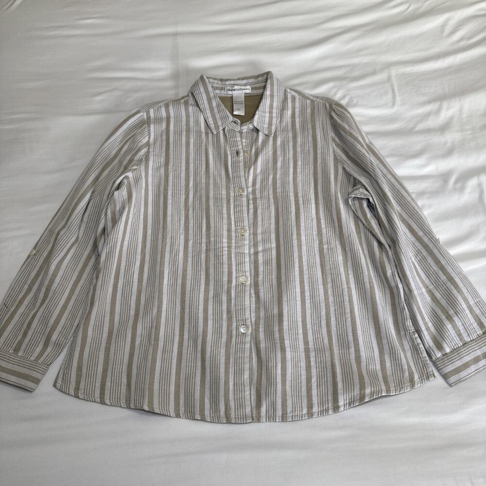 NEW DRAPERS & DAMONS Womens Cotton Blouse Long Sleeve Tan Striped Size Petite XL